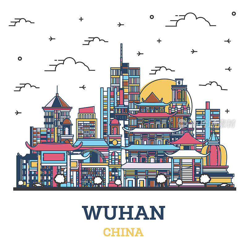 Outline Wuhan China City Skyline with Colored Historic Buildings Isolated on White.